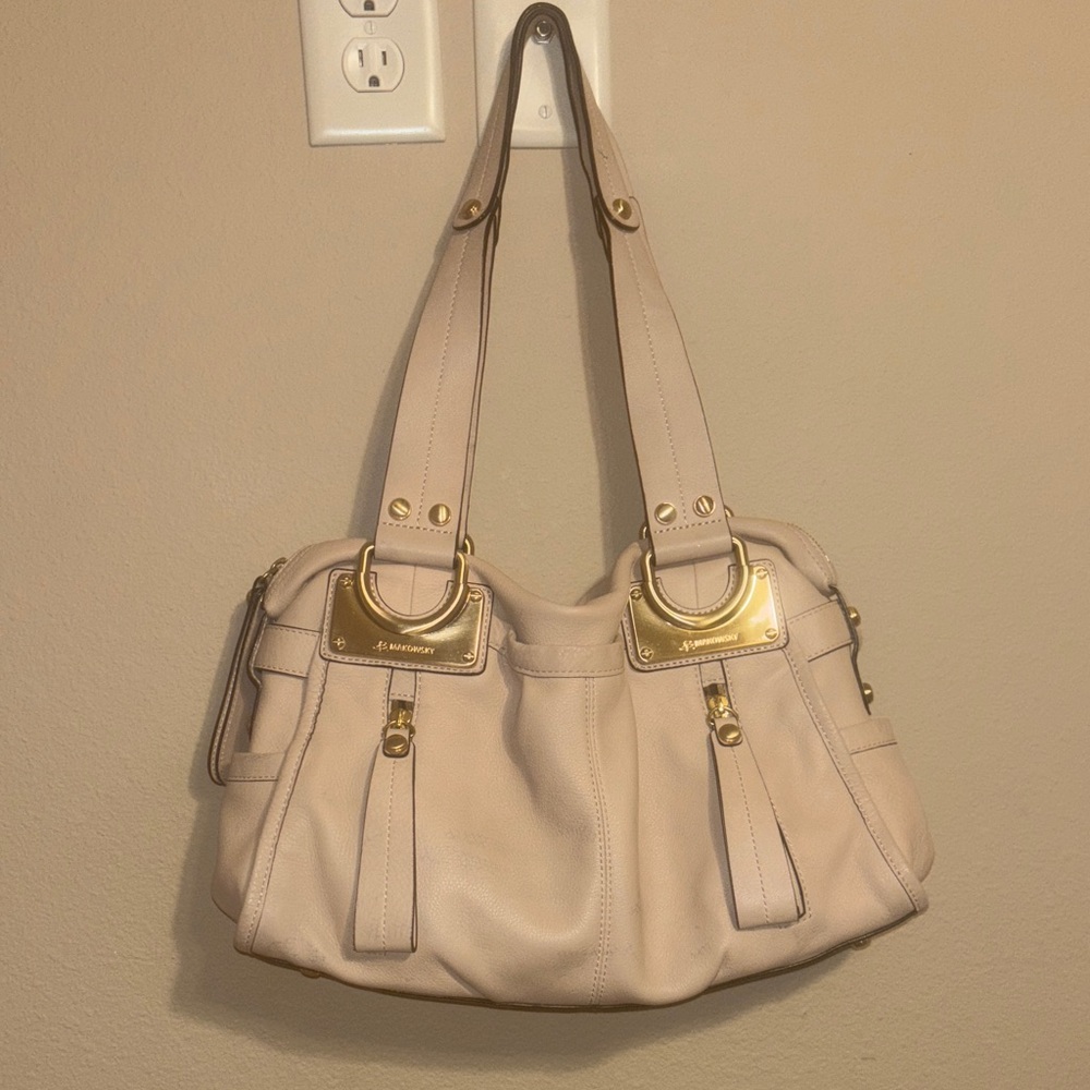 B Makowsky Cream Leather Shoulder Bag